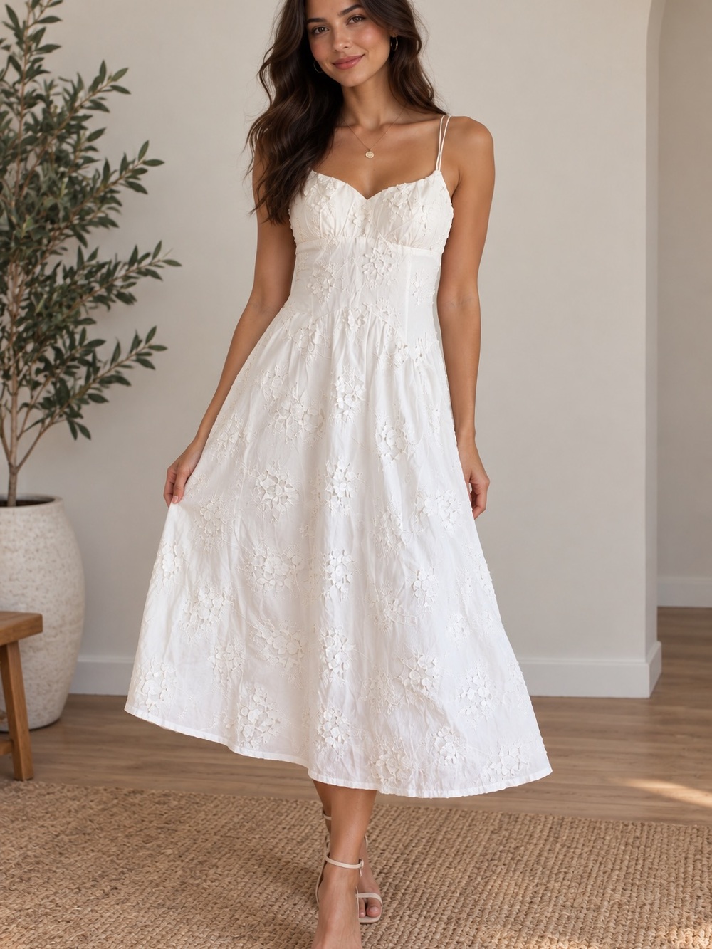 White Lace Spaghetti-Strap Midi Dress